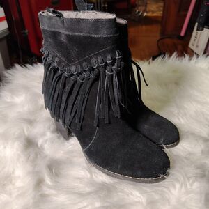 Black Fringe Cowgirl Booties VTG Leather Suede Wmns Size 8.5